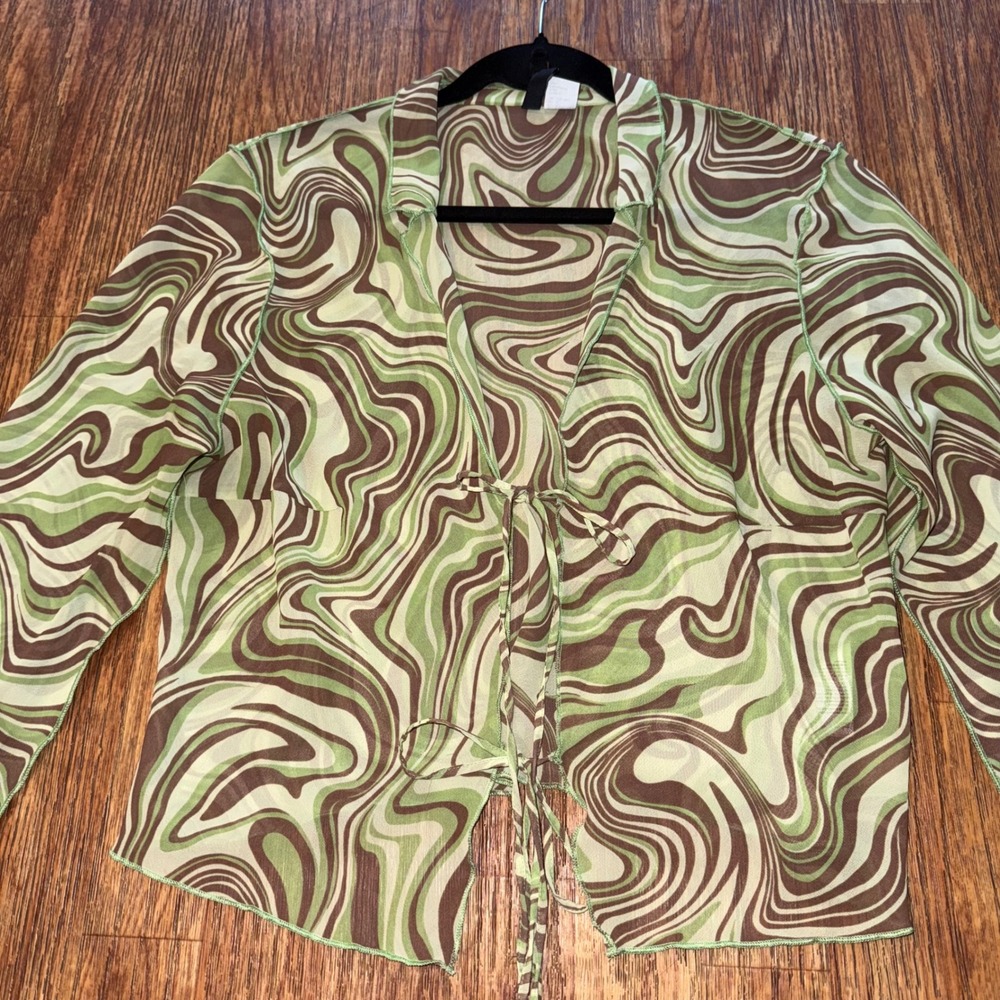 H&M Crop Top Blouse Long Sleeve Tie Front Green Brown Swirl Mesh L Forest Fairy - Picture 2 of 8